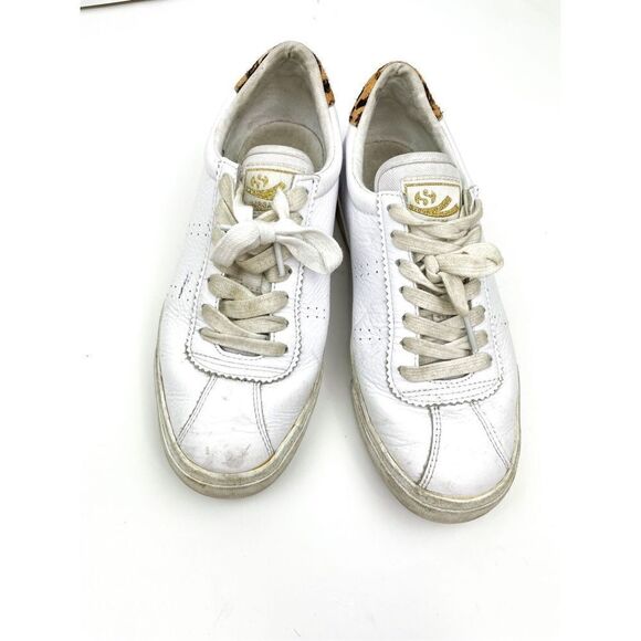 Superga White Leather Sneakers with Leopard Back‎ - Picture 1 of 8